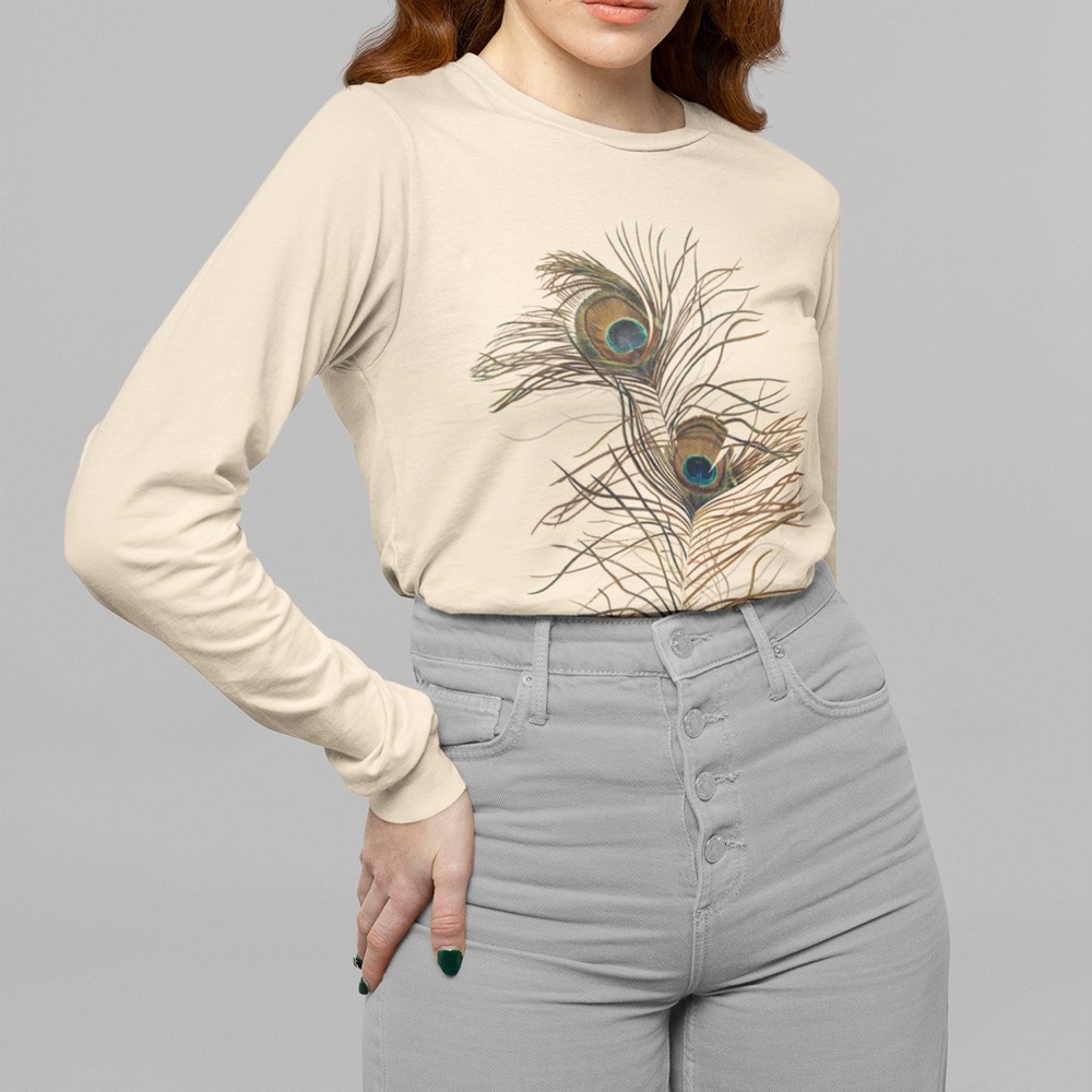 Peacock Feathers Vintage Art Print Long Sleeve Graphic Tee T-shirt S M L XL